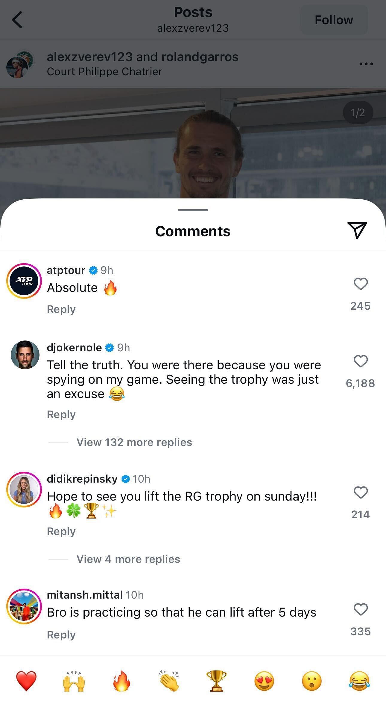 Novak Djokovic's comment on Alexander Zverev's post | Instagram/@alexzverev123